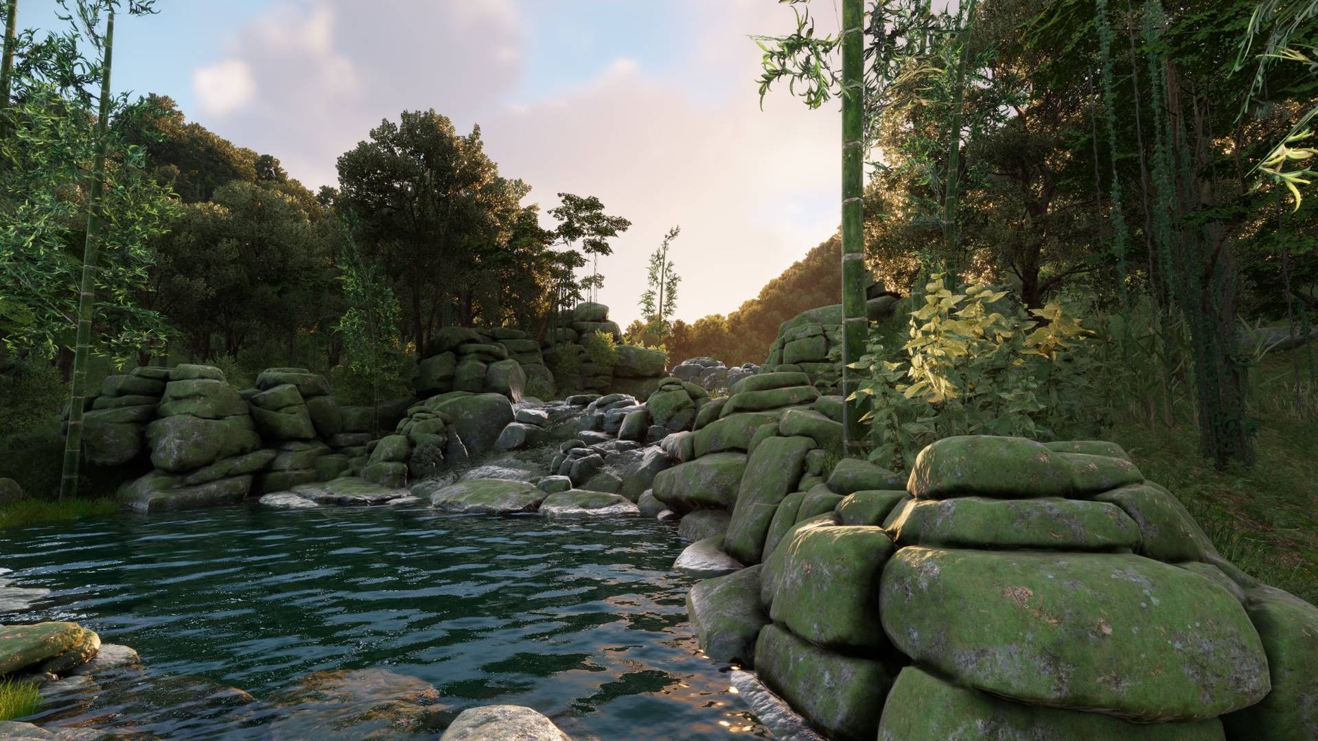 Jungle rocks and waterfall